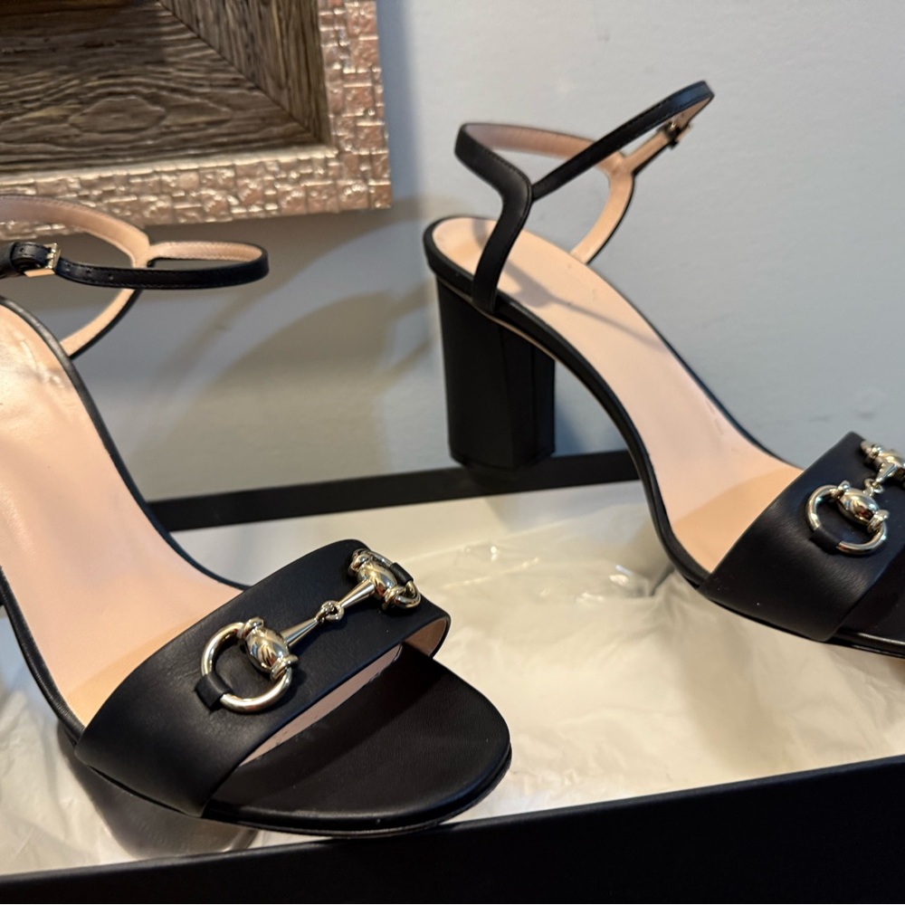 Gucci Black Heeled Sandals with Gold Horsebit accent - Picture 11 of 11